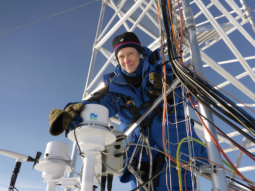 Dana Veron '95 adjusts equipment in Antarctica.