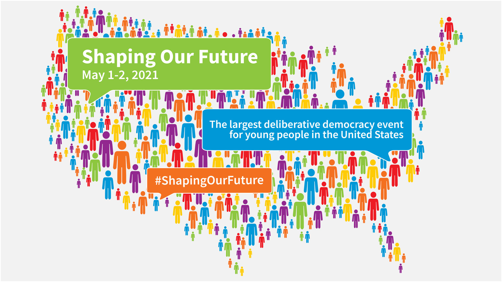 A promotional image for Shaping Our Future, with the United States filled in with many different-colored outlines of individuals. The text reads 