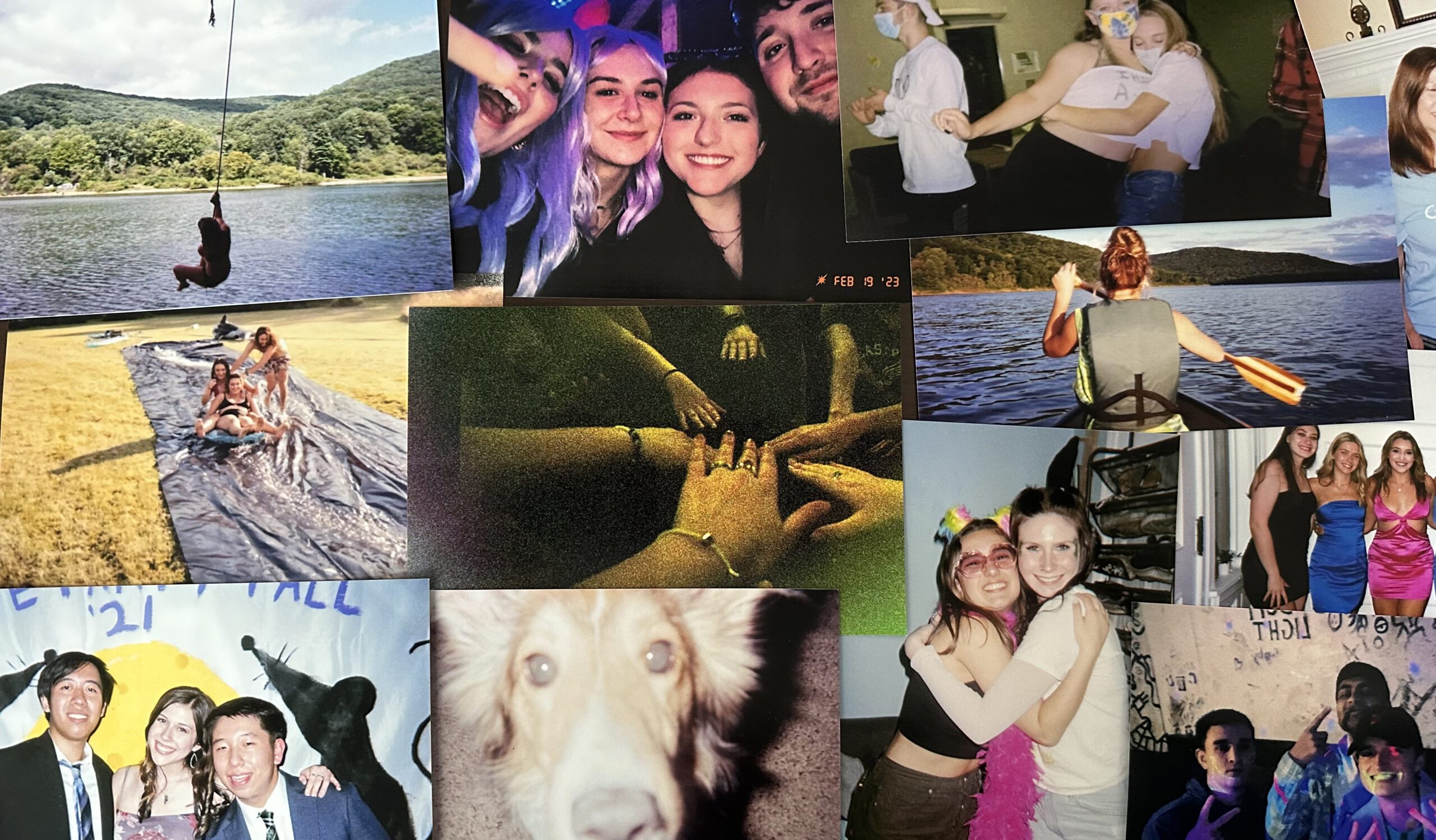 Collage of photos taken by students with a disposable camera, including vacations and friend group photos.