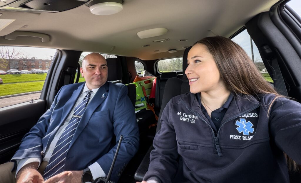 Madison Geddes '24 served as the chief of operations for Geneseo First Response in 2023-2024, and worked with University Police Chief Scott Ewanow '06 for the position. Ewanow serves as GFR board president and is a GFR alum. /Photo by Matt Burkhartt
