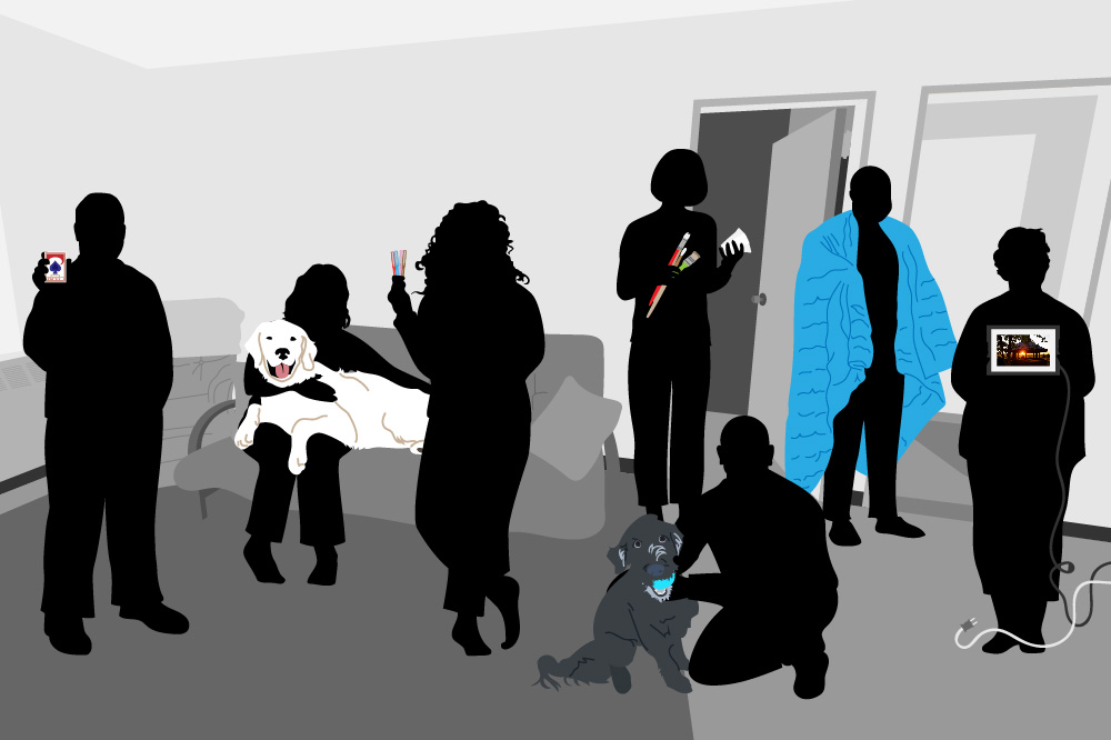 An illustration of a residence hall room with silhouettes of the board and council members who are featured