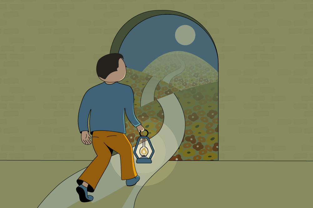 An illustration of a man walking through a door holding a lantern