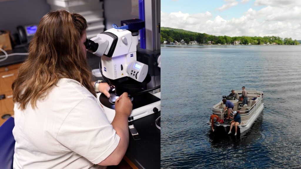 Split screen: Student looks into microscope in left of image. Right side of image shows a boat on Honeoye Lake.